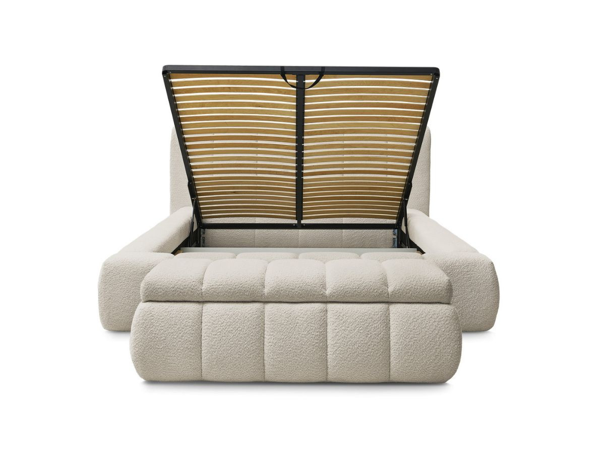 Lit coffre DENALI tissu bouclette + Bout de lit DENALI