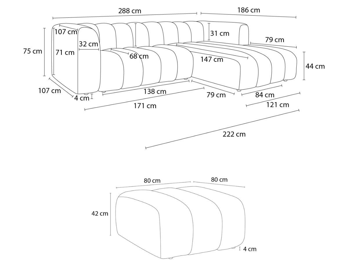 Canapé d'angle fixe TALIA tissu bouclette avec pouf