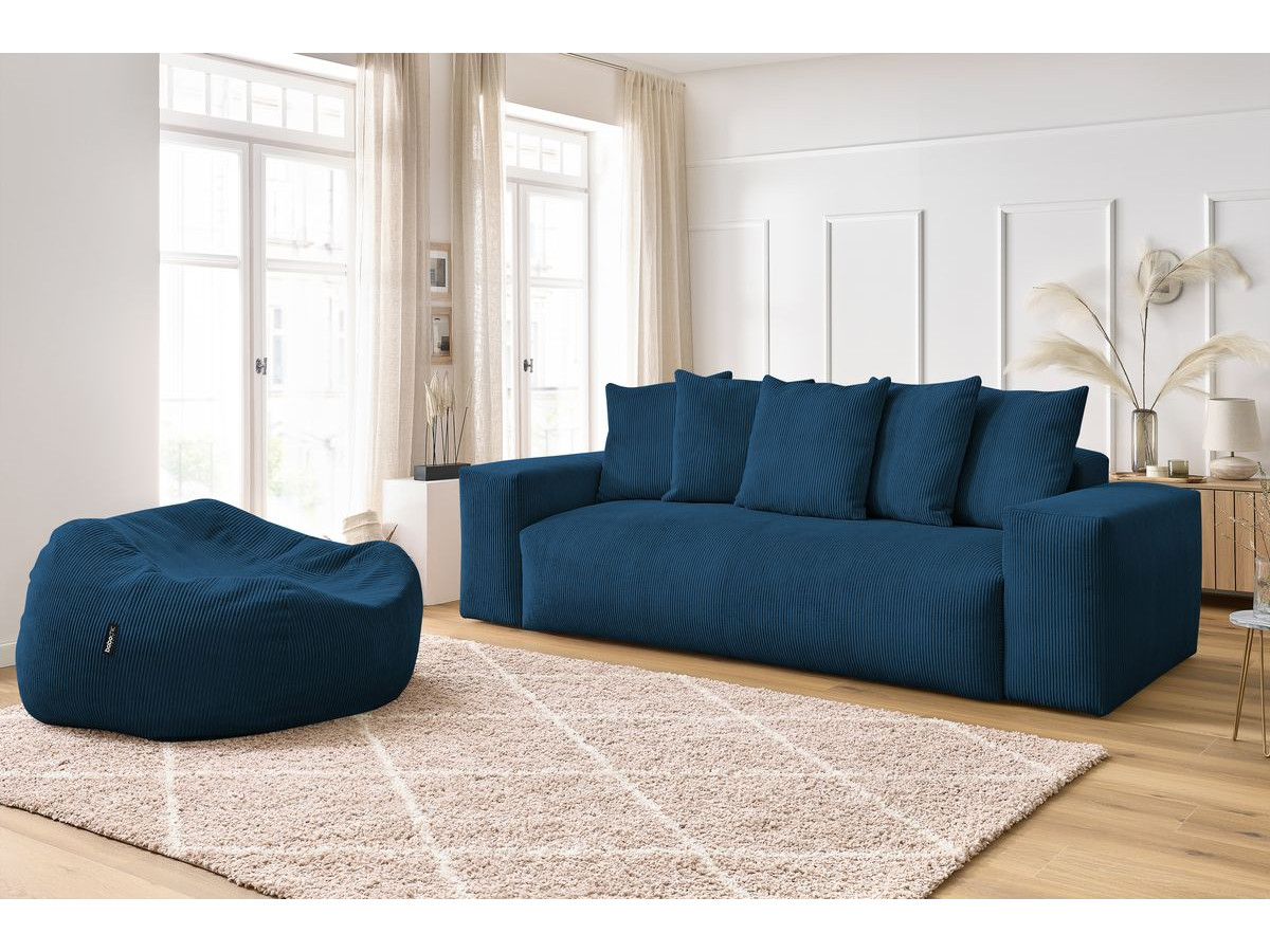 Canapé droit 3 places VOLTAIRE velours côtelé avec pouf bleu foncé — vue 5