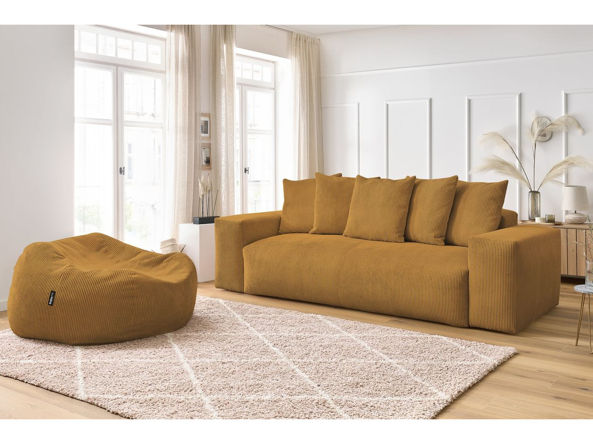 Canapé droit 3 places VOLTAIRE velours côtelé avec pouf jaune — vue 5