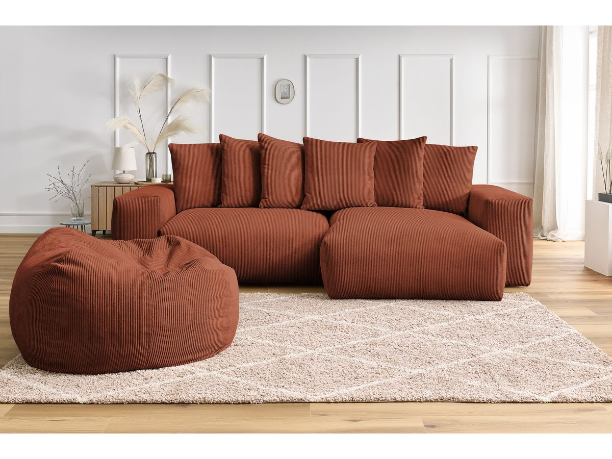 Canapé d'angle réversible VOLTAIRE velours côtelé avec pouf orange — vue 5