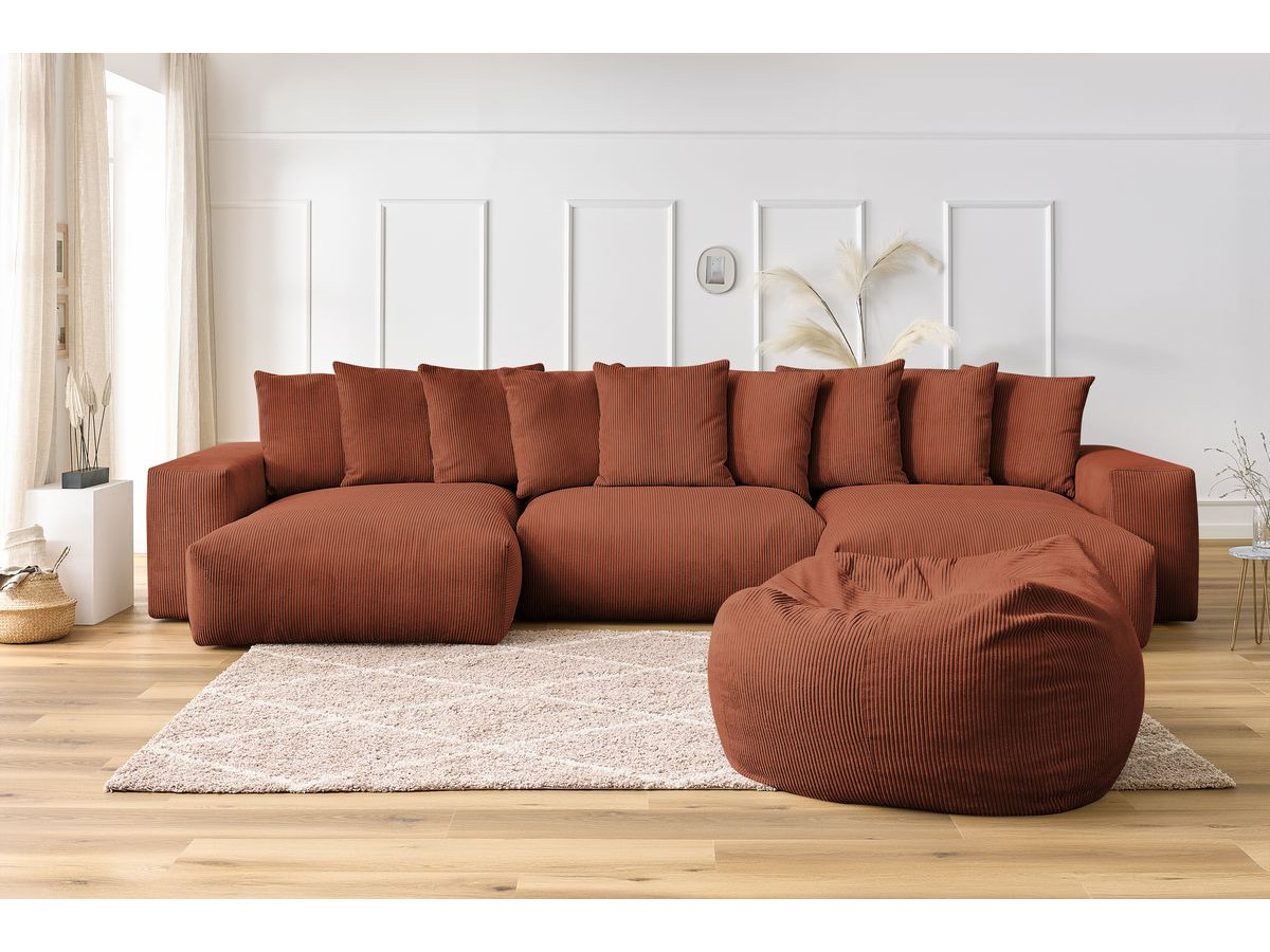 Canapé panoramique VOLTAIRE velours côtelé avec pouf orange — vue 5