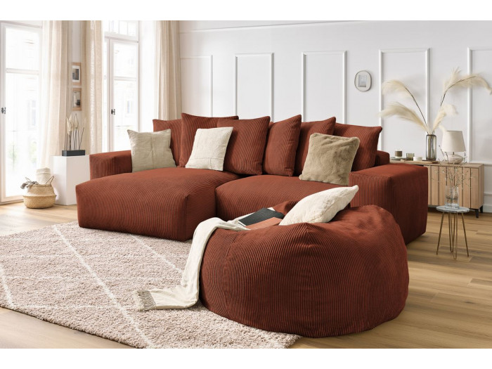 Canapé d'angle réversible VOLTAIRE velours côtelé avec pouf