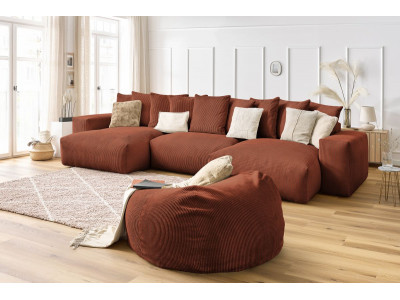 Canapé panoramique fixe VOLTAIRE velours côtelé avec pouf
