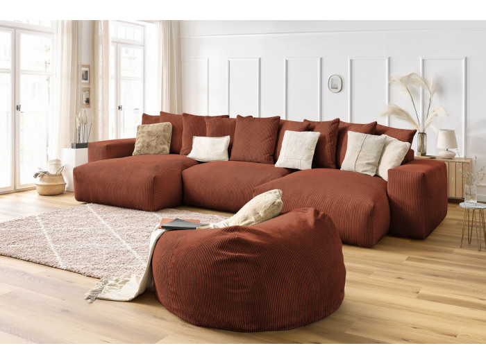 Canapé panoramique fixe VOLTAIRE velours côtelé avec pouf