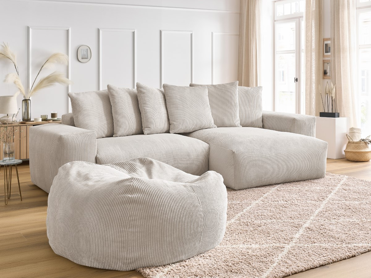 Canapé d'angle réversible VOLTAIRE velours côtelé avec pouf beige   BOBOCHIC 5 places - Vue supplémentaire 3