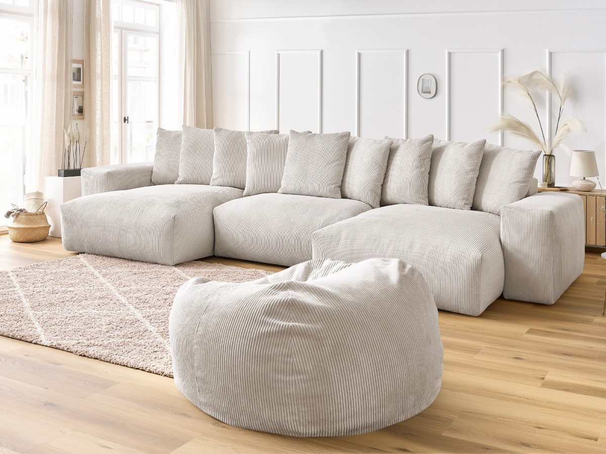 Canapé panoramique VOLTAIRE velours côtelé avec pouf beige — vue 5