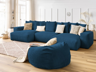 Canapé panoramique fixe VOLTAIRE velours côtelé avec pouf