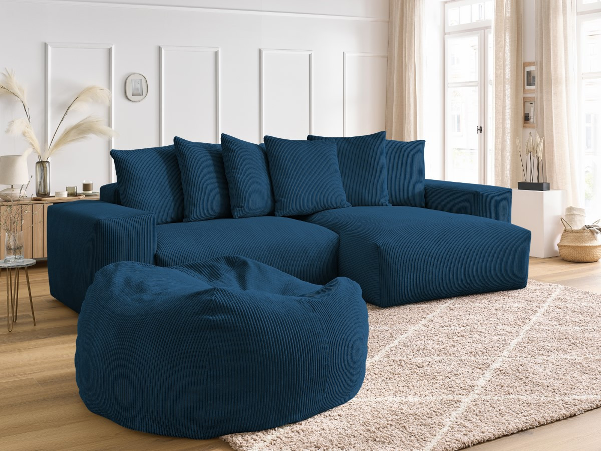Canapé d'angle réversible VOLTAIRE velours côtelé avec pouf bleu foncé — vue 5