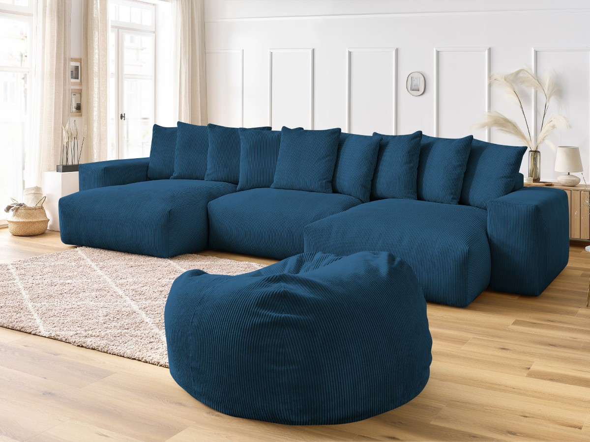 Canapé panoramique VOLTAIRE velours côtelé avec pouf bleu foncé — vue 5