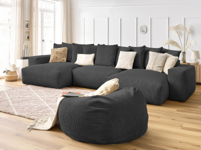 Canapé panoramique fixe VOLTAIRE velours côtelé avec pouf