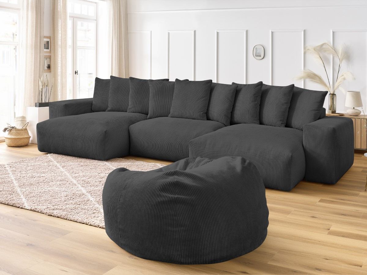 Canapé panoramique VOLTAIRE velours côtelé avec pouf gris foncé — vue 5