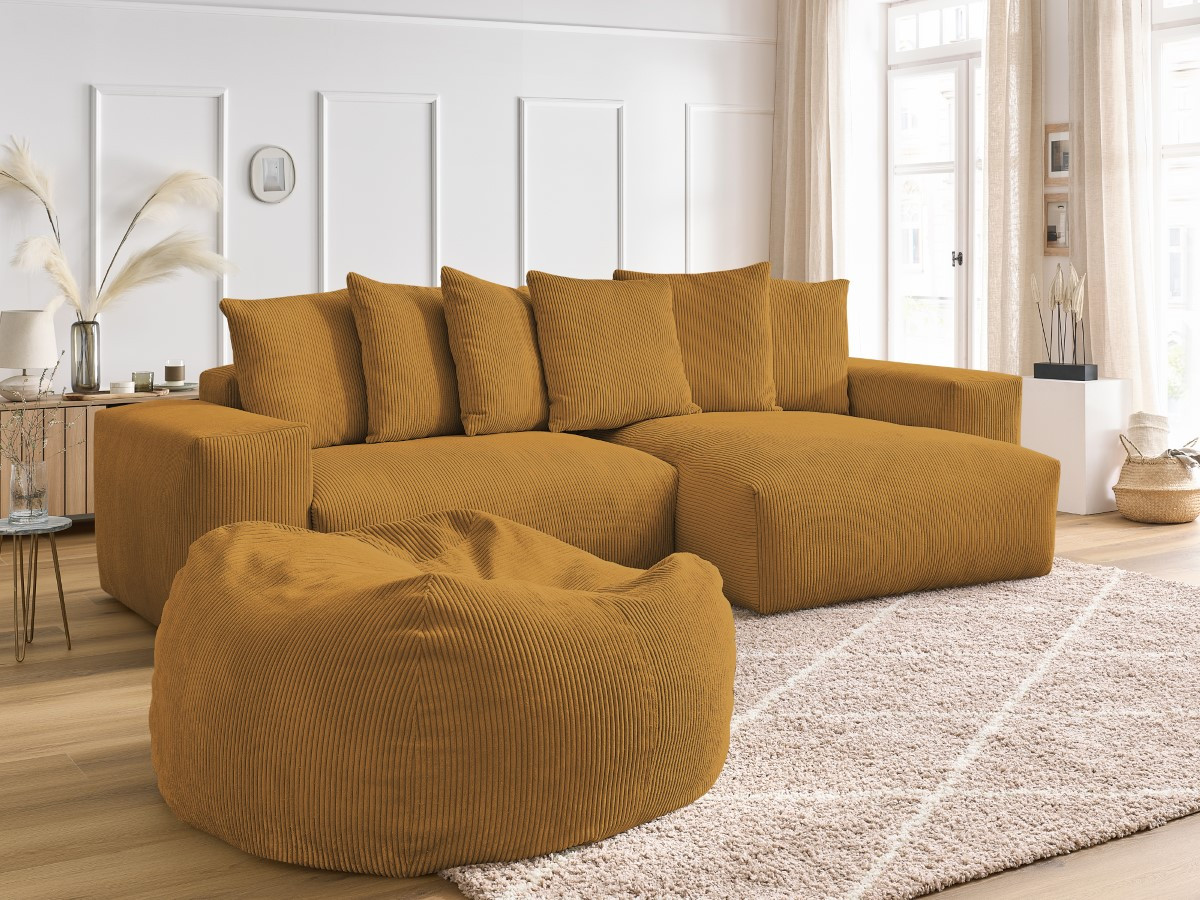 Canapé d'angle réversible VOLTAIRE velours côtelé avec pouf jaune — vue 5