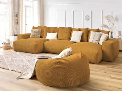 Canapé panoramique fixe VOLTAIRE velours côtelé avec pouf
