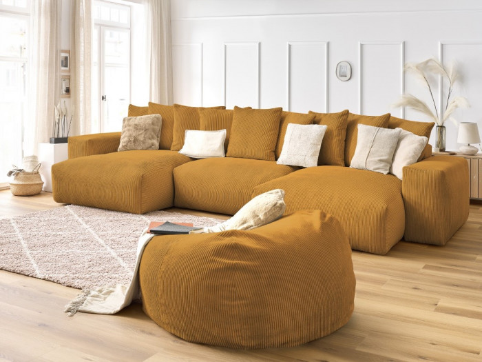 Canapé panoramique fixe VOLTAIRE velours côtelé avec pouf