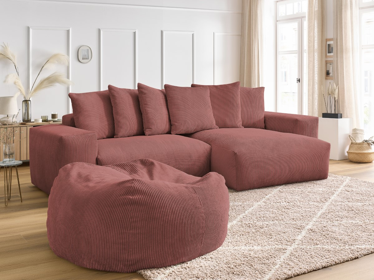 Canapé d'angle réversible VOLTAIRE velours côtelé avec pouf rose — vue 5