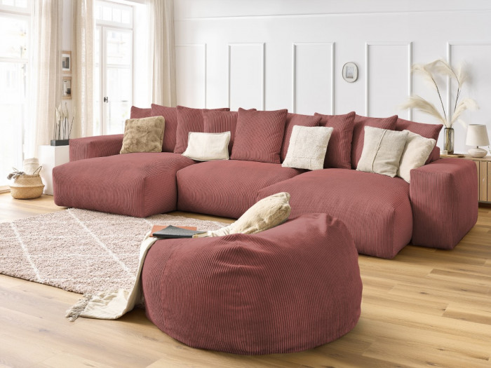 Canapé panoramique fixe VOLTAIRE velours côtelé avec pouf