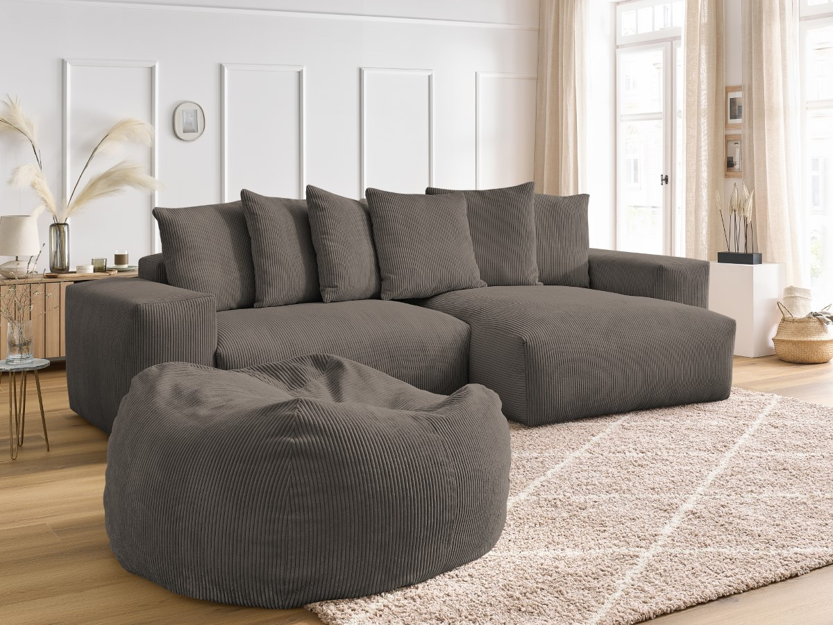 Canapé d'angle réversible VOLTAIRE velours côtelé avec pouf taupe — vue 5