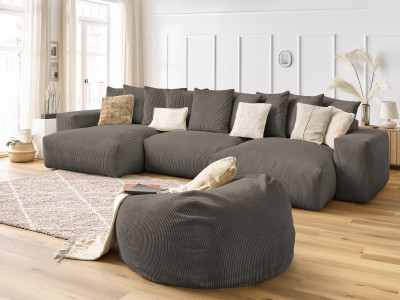 Canapé panoramique fixe VOLTAIRE velours côtelé avec pouf