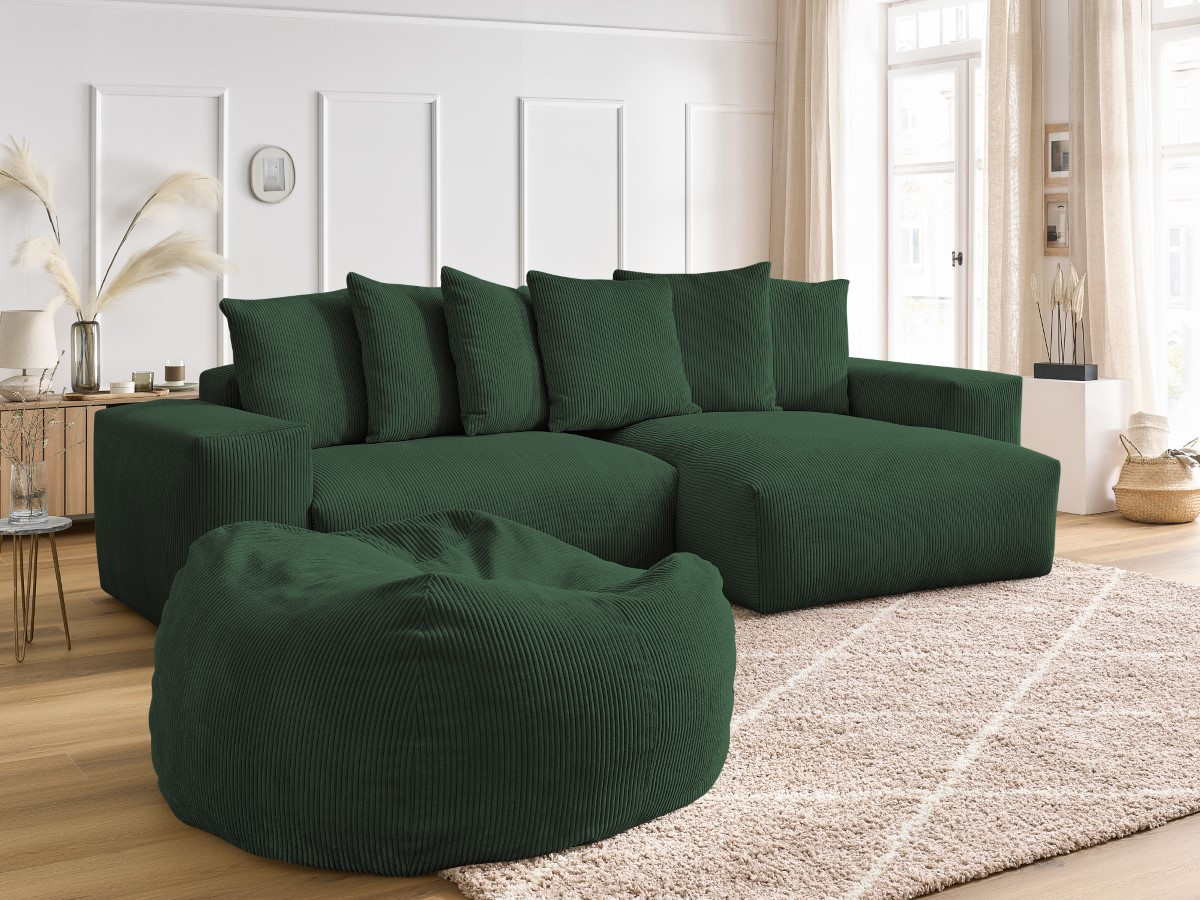 Canapé d'angle réversible VOLTAIRE velours côtelé avec pouf vert — vue 5