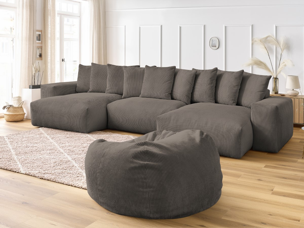 Canapé panoramique VOLTAIRE velours côtelé avec pouf taupe — vue 5