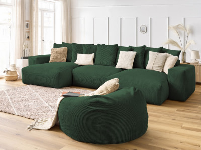 Canapé panoramique fixe VOLTAIRE velours côtelé avec pouf