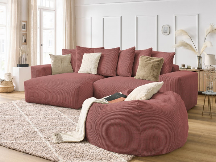 Canapé d'angle réversible VOLTAIRE velours côtelé avec pouf