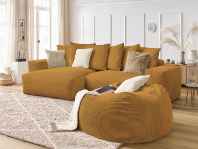 Canapé d'angle réversible VOLTAIRE velours côtelé avec pouf