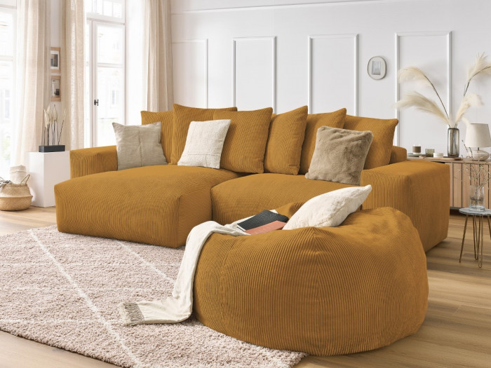 Canapé d'angle réversible VOLTAIRE velours côtelé avec pouf