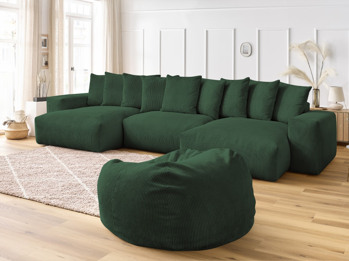 Canapé panoramique VOLTAIRE velours côtelé avec pouf vert — vue 5