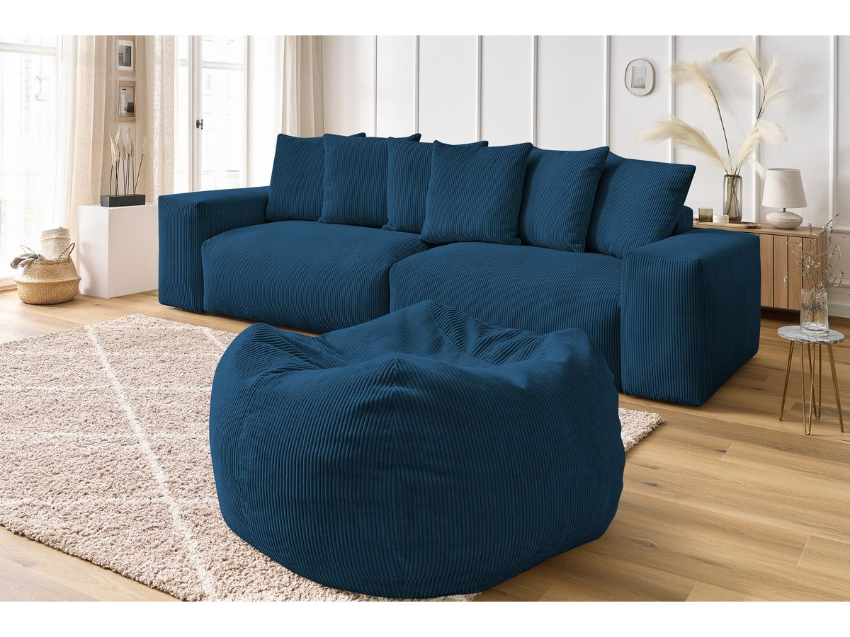Canapé droit 4 places VOLTAIRE velours côtelé avec pouf bleu foncé — vue 5