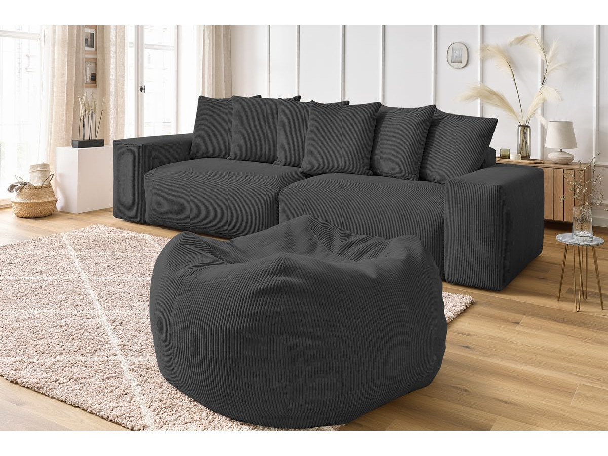 Canapé droit 4 places VOLTAIRE velours côtelé avec pouf gris foncé — vue 5