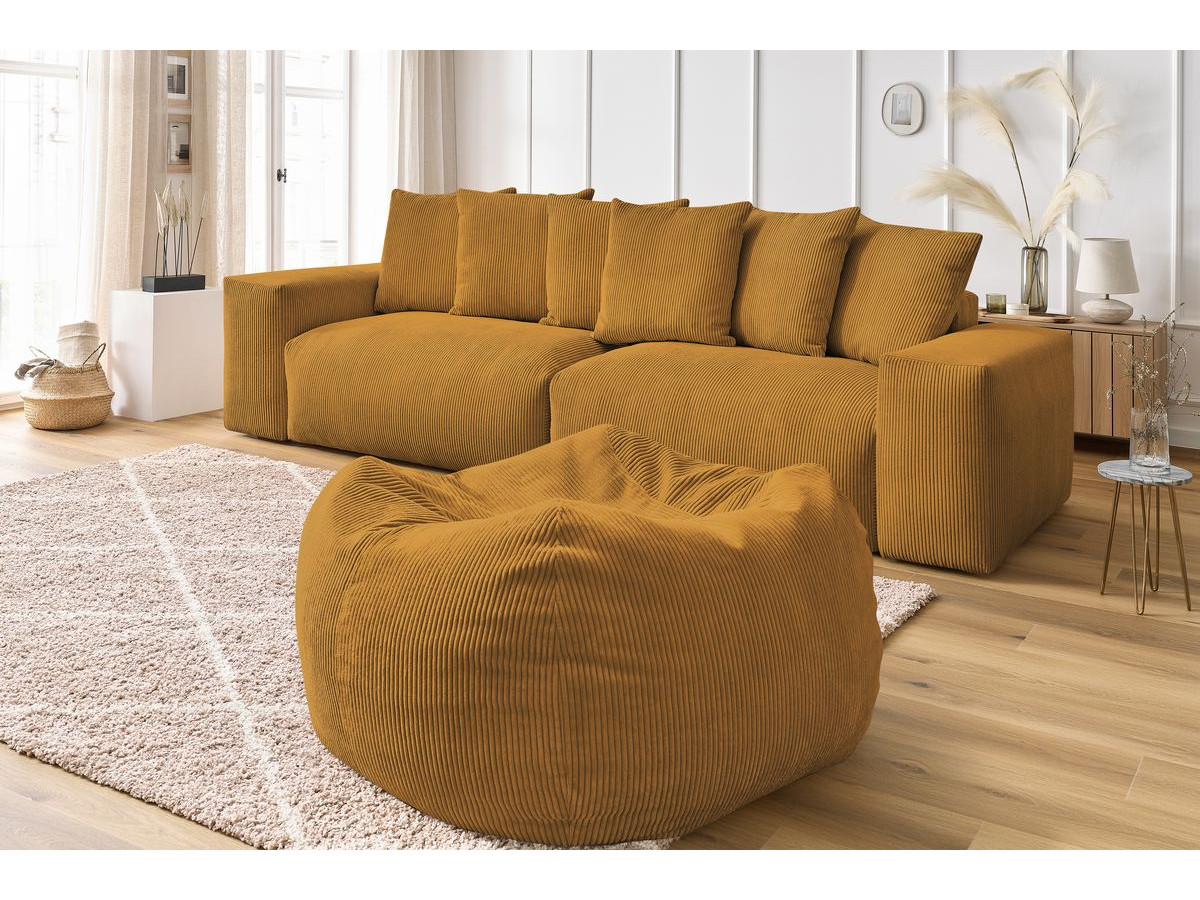 Canapé droit 4 places VOLTAIRE velours côtelé avec pouf jaune — vue 5