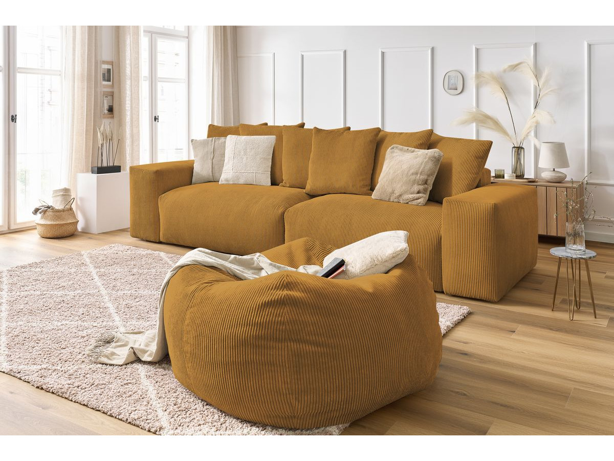 Canapé d'angle fixe EVEREST tissu chiné - Orange - Angle droit - 10 coussins
