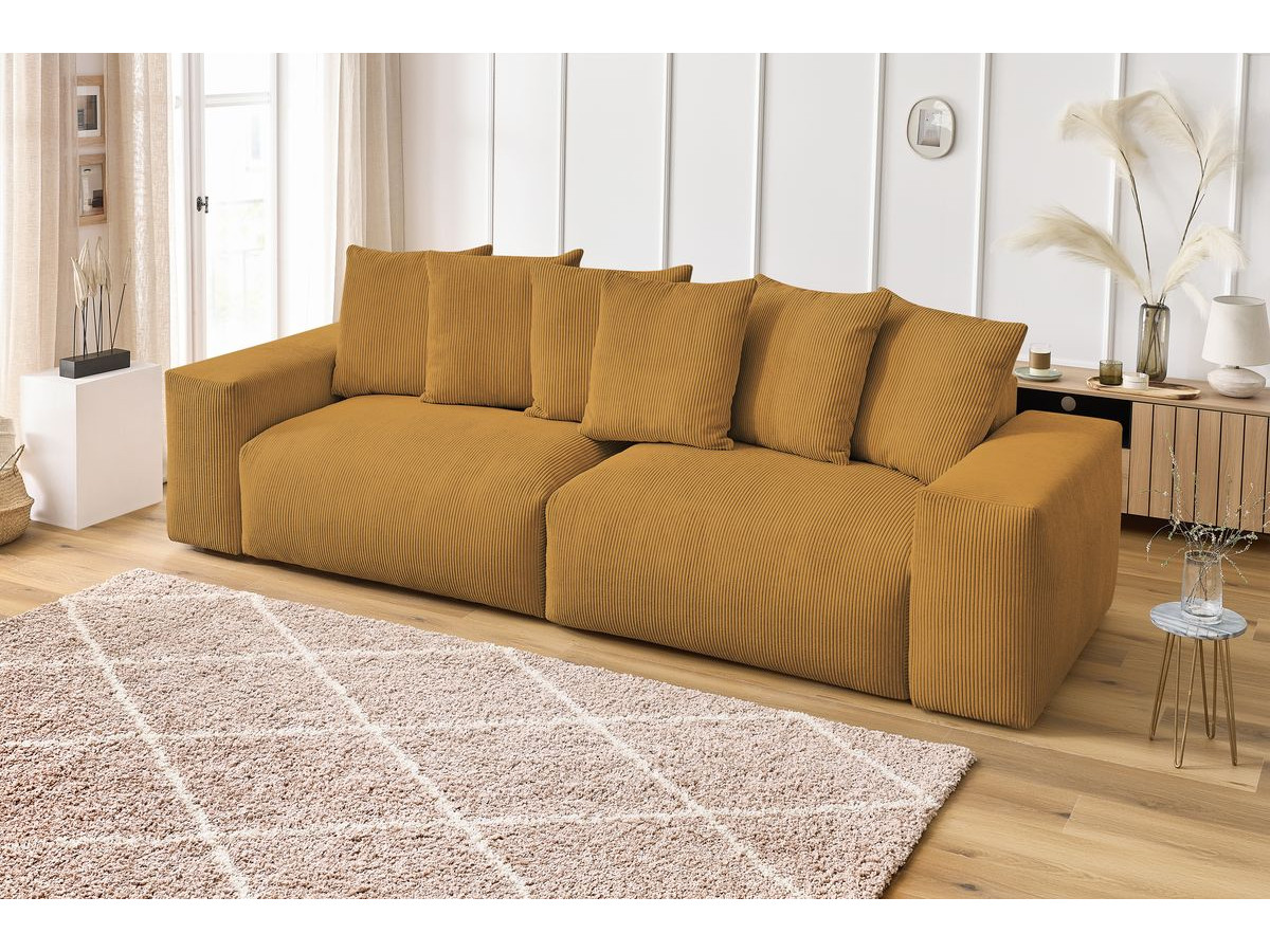 Canapé d'angle fixe EVEREST tissu chiné - Orange - Angle droit - 10 coussins