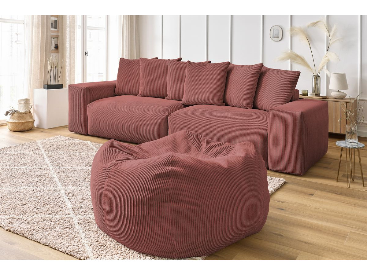 Canapé droit 4 places VOLTAIRE velours côtelé avec pouf rose — vue 5