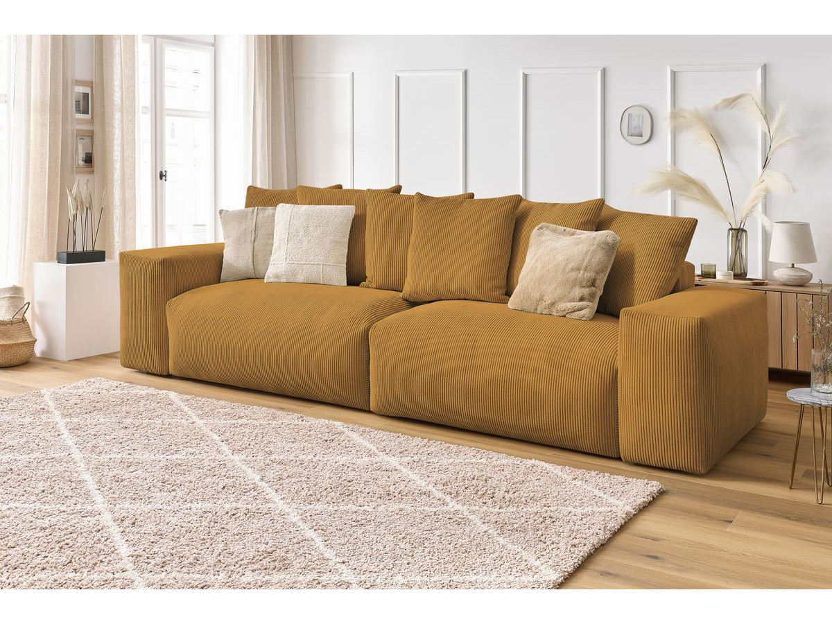 Canapé d'angle fixe EVEREST tissu chiné - Orange - Angle droit - 10 coussins