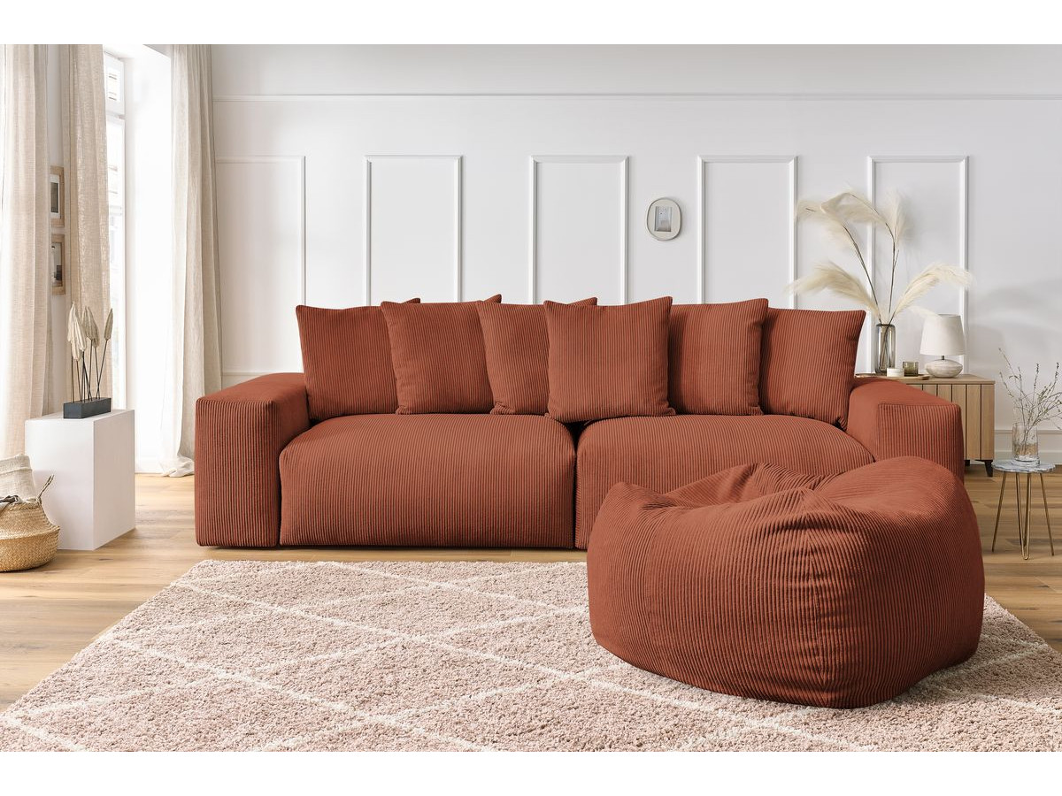 Canapé droit 4 places VOLTAIRE velours côtelé avec pouf orange — vue 5