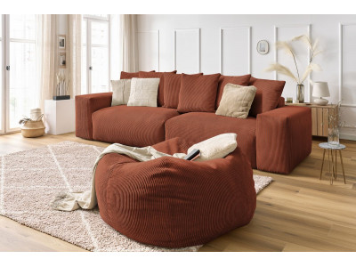 Canapé droit fixe 4 places VOLTAIRE velours côtelé avec pouf