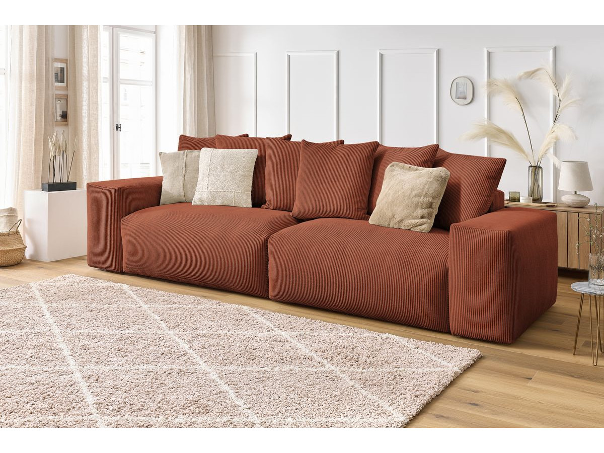 Canapé d'angle fixe EVEREST tissu chiné - Orange - Angle droit - 10 coussins