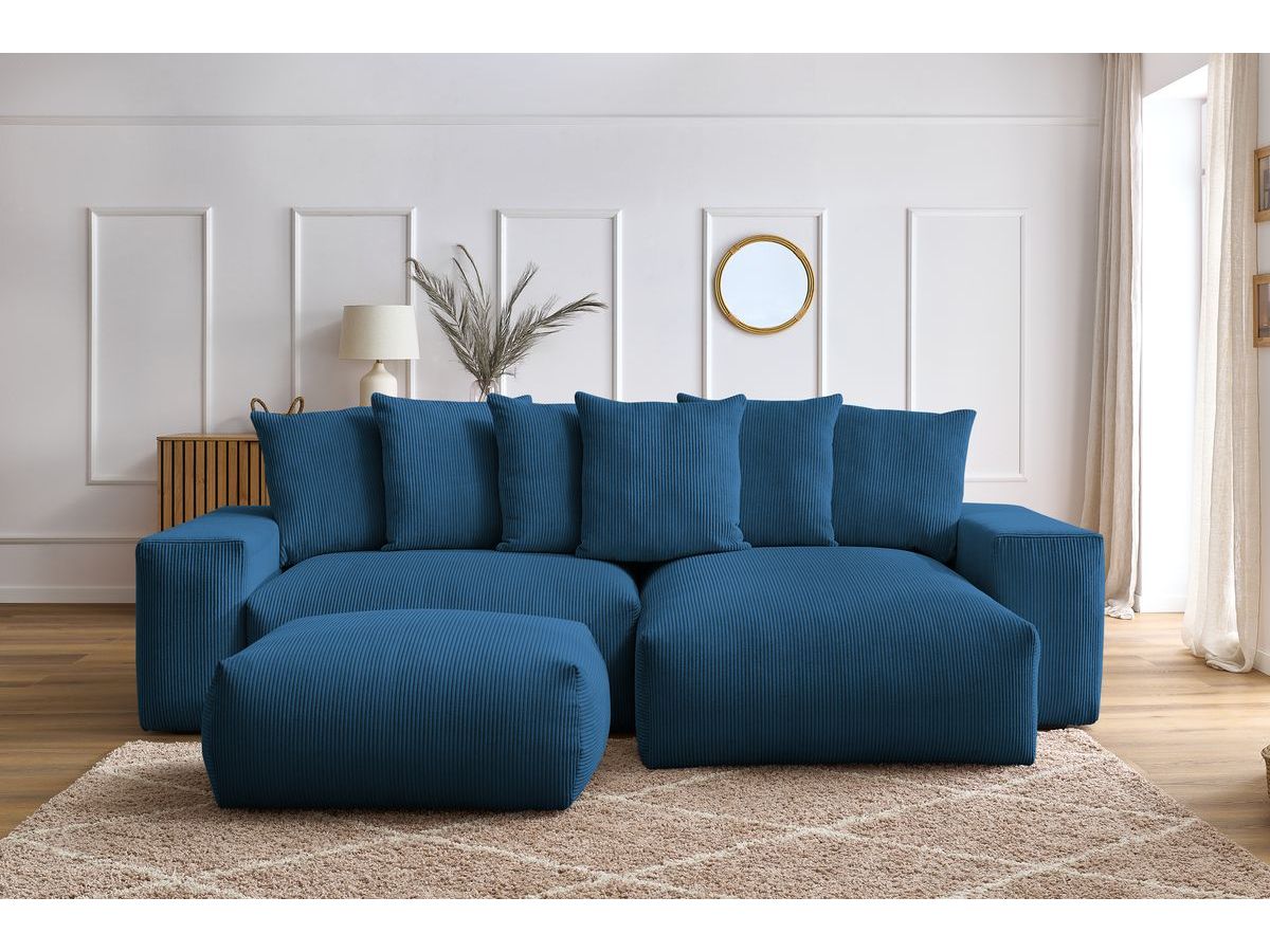 Canapé d'angle réversible convertible coffre VOLTAIRE avec pouf bleu foncé — vue 5