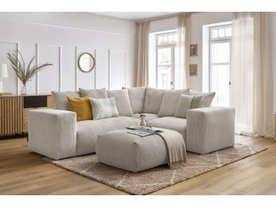 Canapé d'angle fixe modulable VOLTAIRE avec 1 chauffeuse 2 places, 1 angle, 1 chauffeuse 1 place et 1 pouf