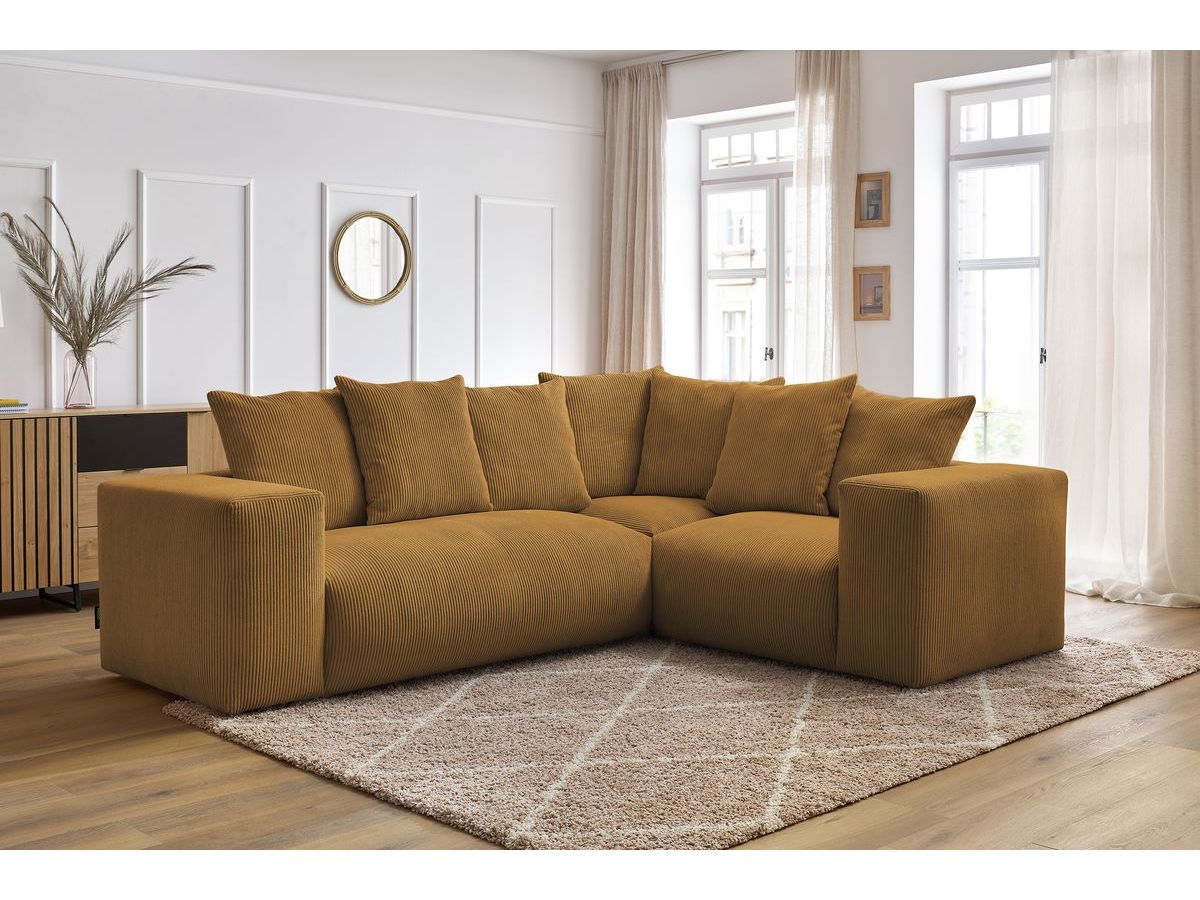 Canapé d'angle fixe EVEREST tissu chiné - Orange - Angle droit - 10 coussins