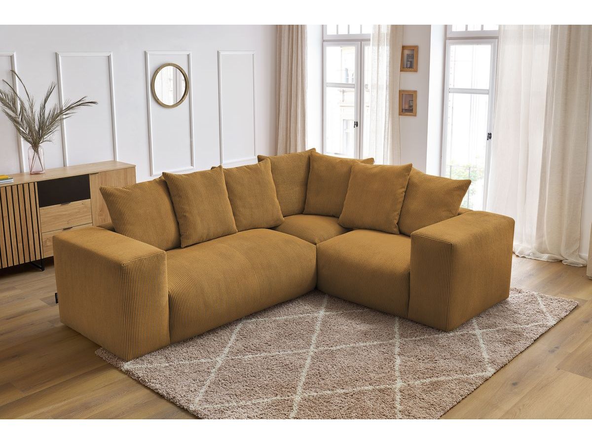 Canapé d'angle fixe EVEREST tissu chiné - Orange - Angle droit - 10 coussins