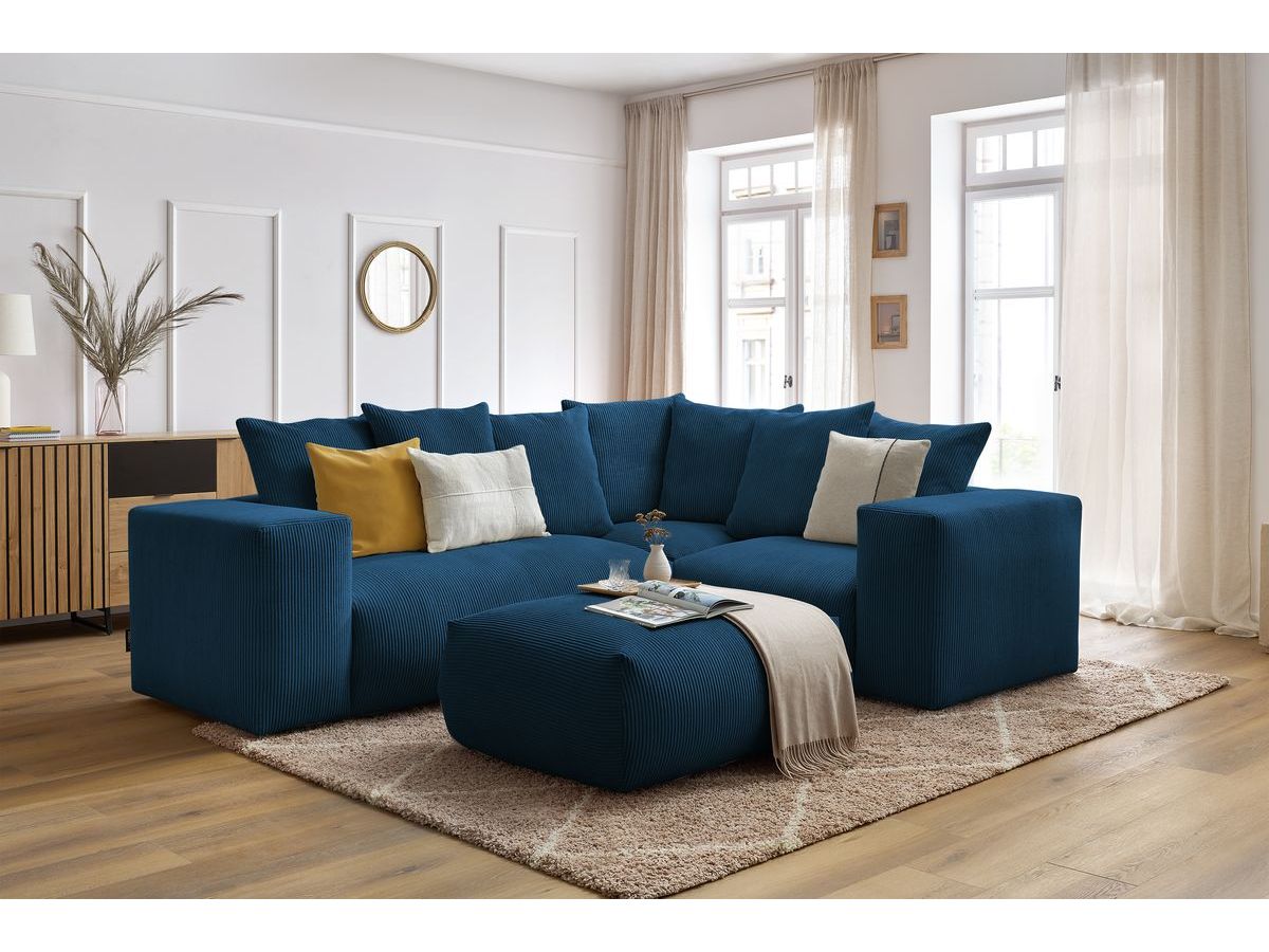 Canapé d'angle fixe modulable VOLTAIRE avec 1 chauffeuse 2 places, 1 angle, 1 chauffeuse 1 place et 1 pouf bleu foncé  angle droit BOBOCHIC 5 places