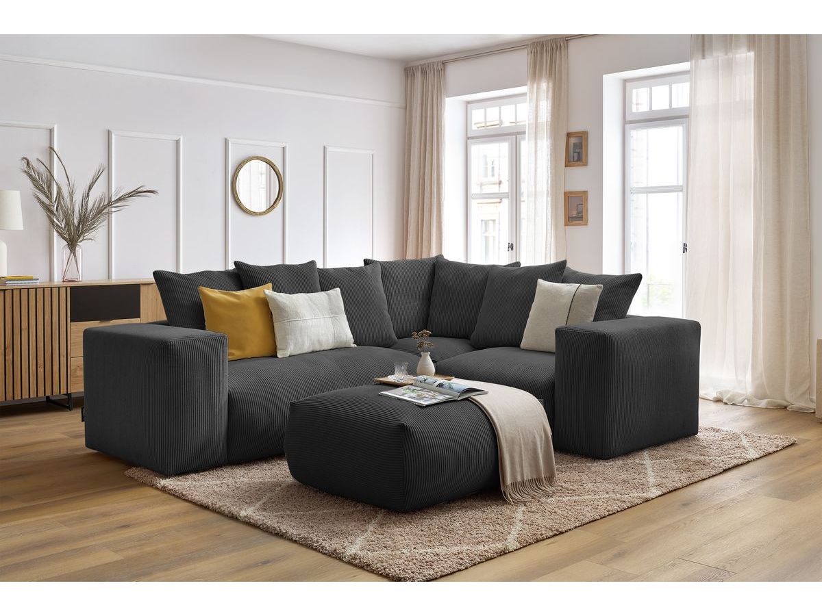 Canapé d'angle fixe modulable VOLTAIRE avec 1 chauffeuse 2 places, 1 angle, 1 chauffeuse 1 place et 1 pouf gris foncé  angle droit BOBOCHIC 5 places