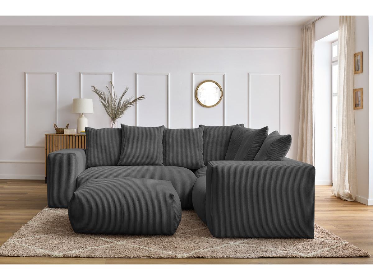 Canapé d'angle fixe modulable VOLTAIRE avec 1 chauffeuse 2 places, 1 angle, 1 chauffeuse 1 place et 1 pouf