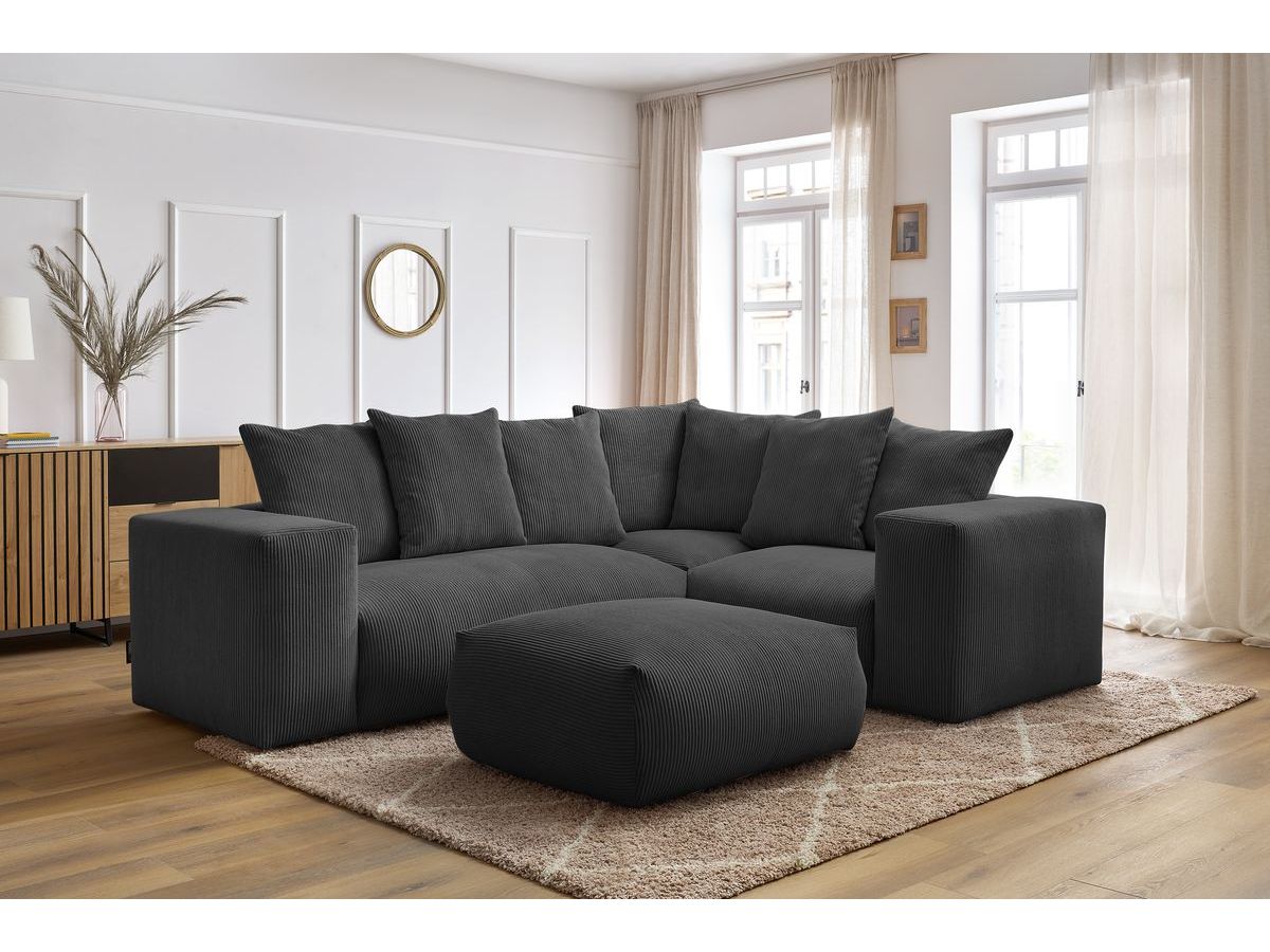 Canapé d'angle fixe modulable VOLTAIRE avec 1 chauffeuse 2 places, 1 angle, 1 chauffeuse 1 place et 1 pouf