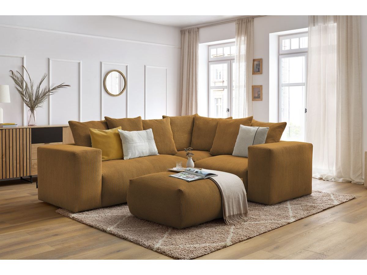 Canapé d'angle fixe modulable VOLTAIRE avec 1 chauffeuse 2 places, 1 angle, 1 chauffeuse 1 place et 1 pouf