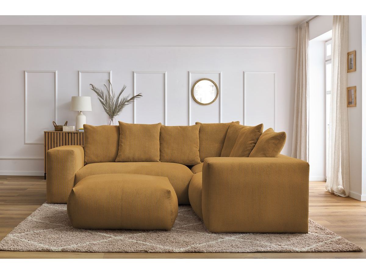 Canapé d'angle fixe modulable VOLTAIRE avec 1 chauffeuse 2 places, 1 angle, 1 chauffeuse 1 place et 1 pouf